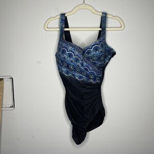 Miraclesuit Swimsuit Women 16 Blue Black  One Piece Tummy Control Ruched Bathing